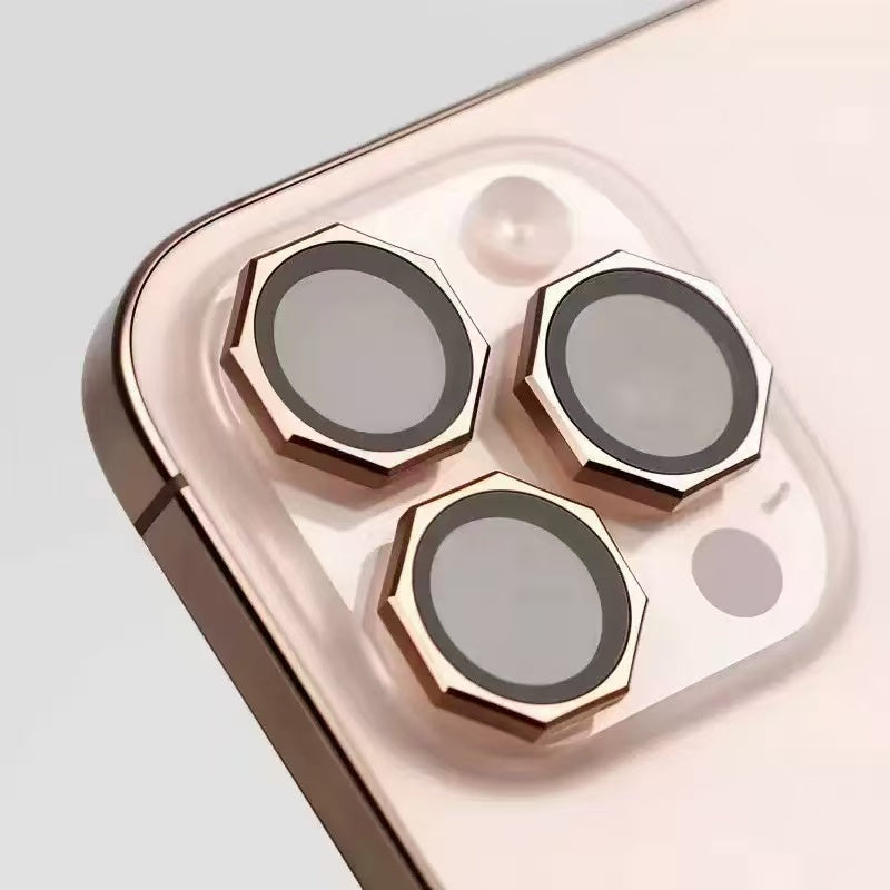 Desert Titanium Camera Lens Protector for iPhone 11 to 17 Pro Max | Hexagon Metal Frame + 9H Tempered Glass Guard
