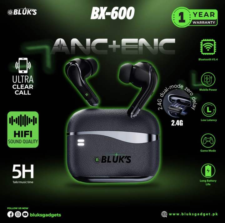 BX-600 Quad-Mic ANC + ENC AirBuds with 2.4G Dongle