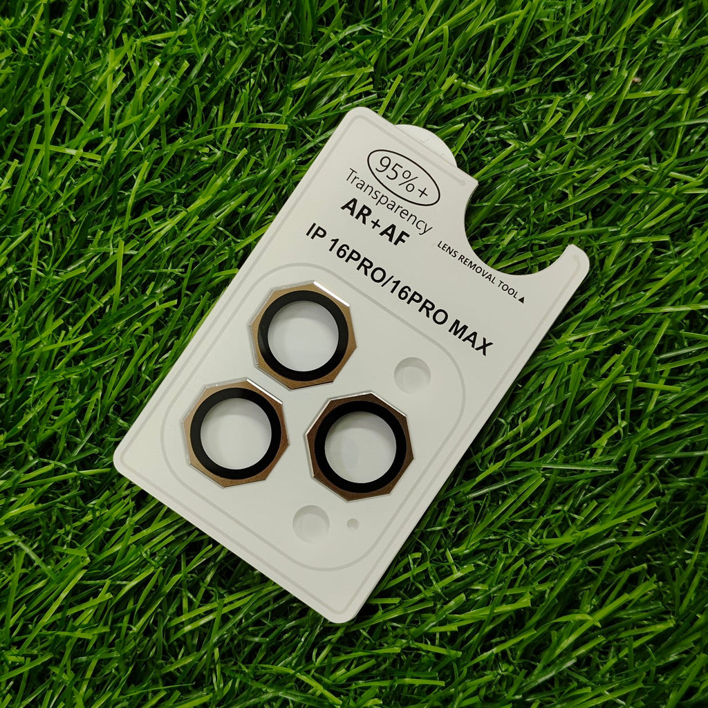 Desert Titanium Camera Lens Protector for iPhone 11 to 17 Pro Max | Hexagon Metal Frame + 9H Tempered Glass Guard